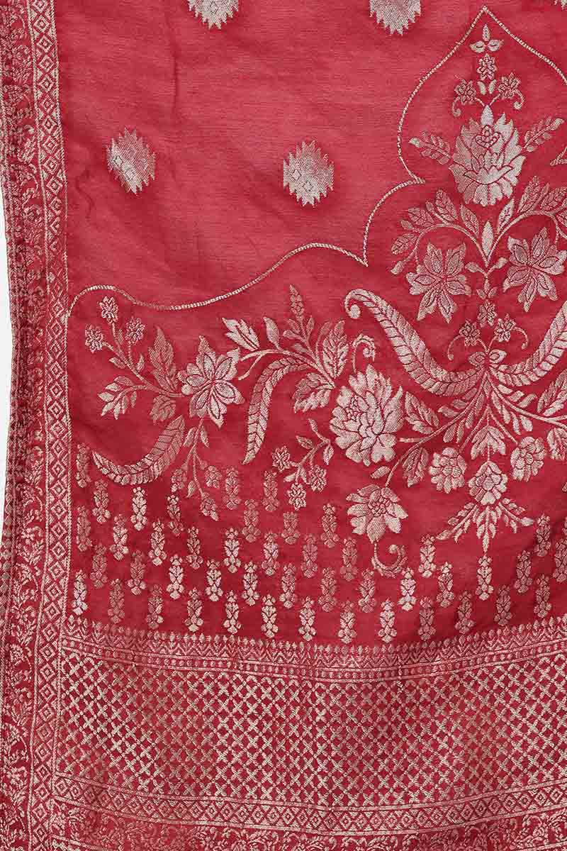  Women Peach Poly Silk Embroidered Kurta Trousers With Dupatta