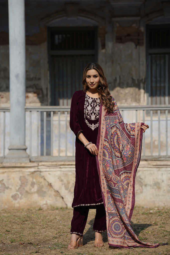 Burgundy Velvet Straight Kurta Pant With Dupatta PKSKD1766