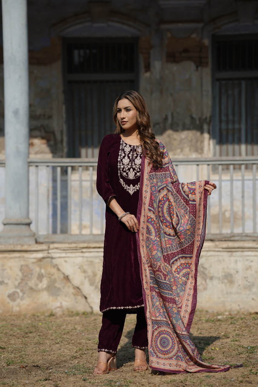 Burgundy Velvet Straight Kurta Pant With Dupatta PKSKD1766