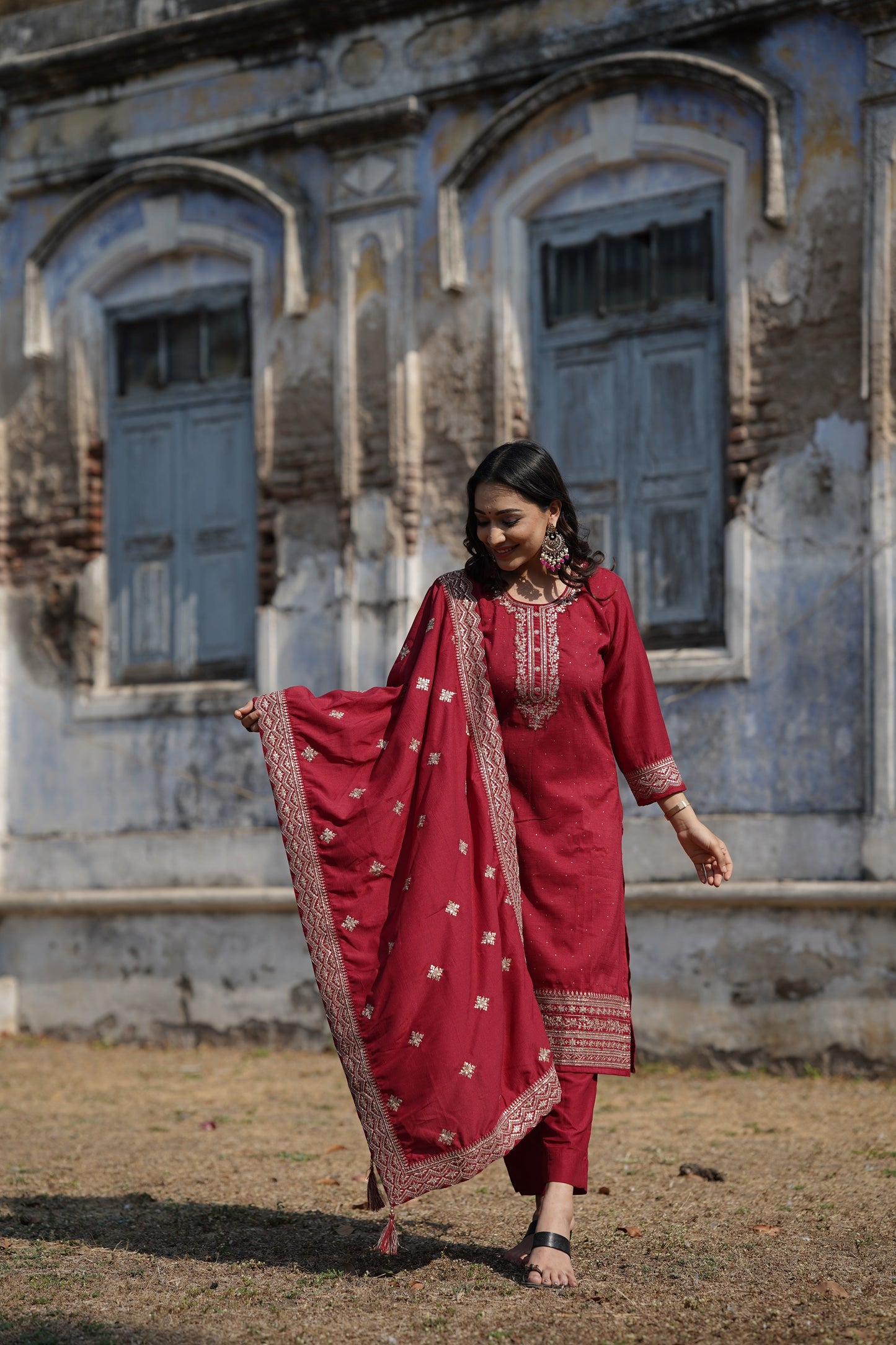 Maroon Silk Blend Solid Straight Kurta Trousers With Dupatta PKSKD1758