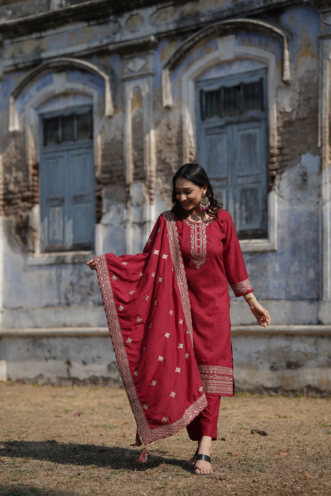 Maroon Silk Blend Solid Straight Kurta Trousers With Dupatta PKSKD1758