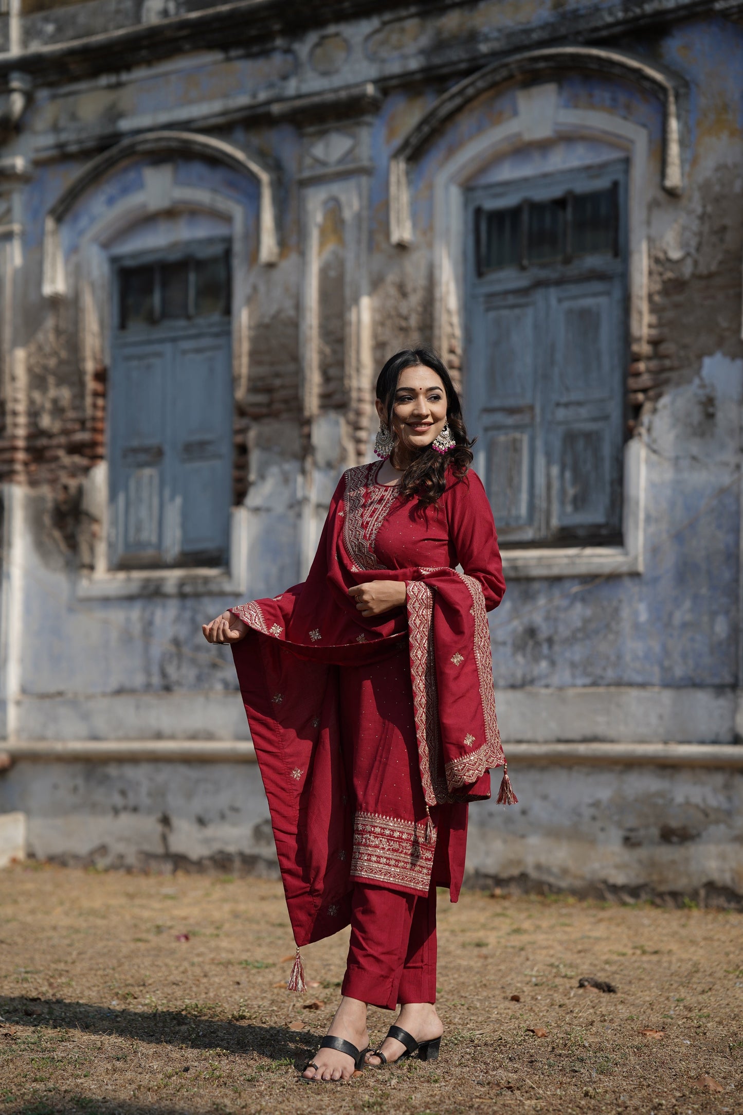 Maroon Silk Blend Solid Straight Kurta Trousers With Dupatta PKSKD1758