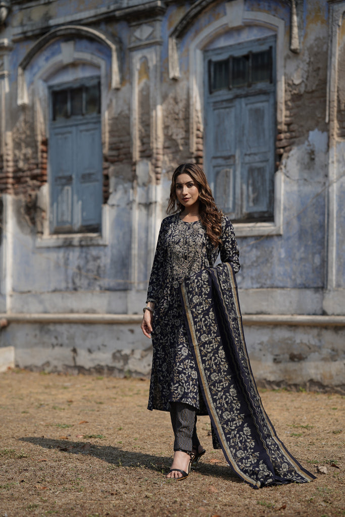 Navy Blue Silk Blend Floral Straight Kurta Trousers With Dupatta PKSKD1745