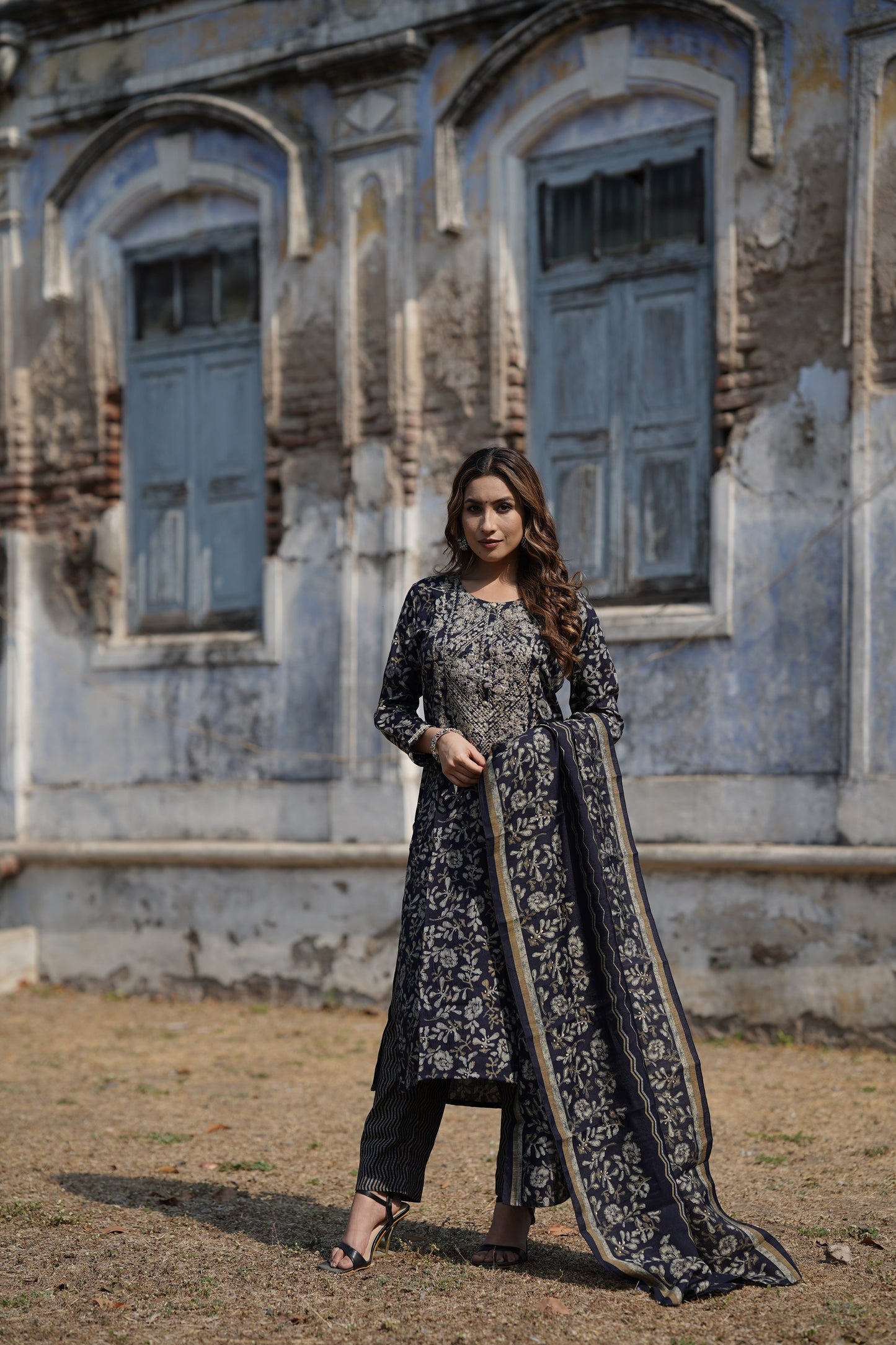 Navy Blue Silk Blend Floral Straight Kurta Trousers With Dupatta PKSKD1745