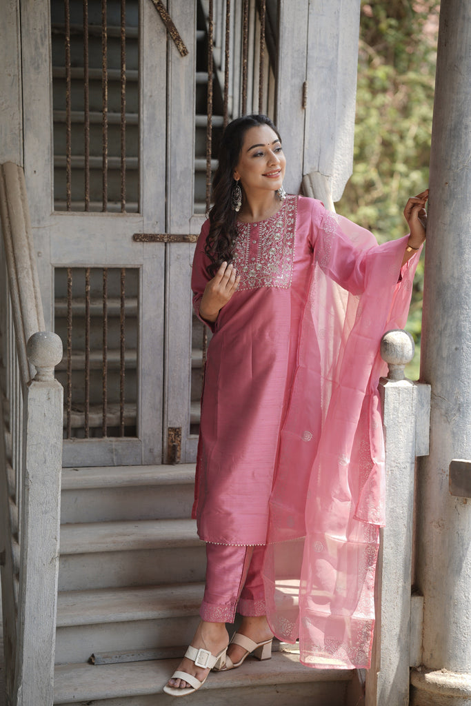 Pink Floral Yoke Design Panelled Suit Set PKSKD1432