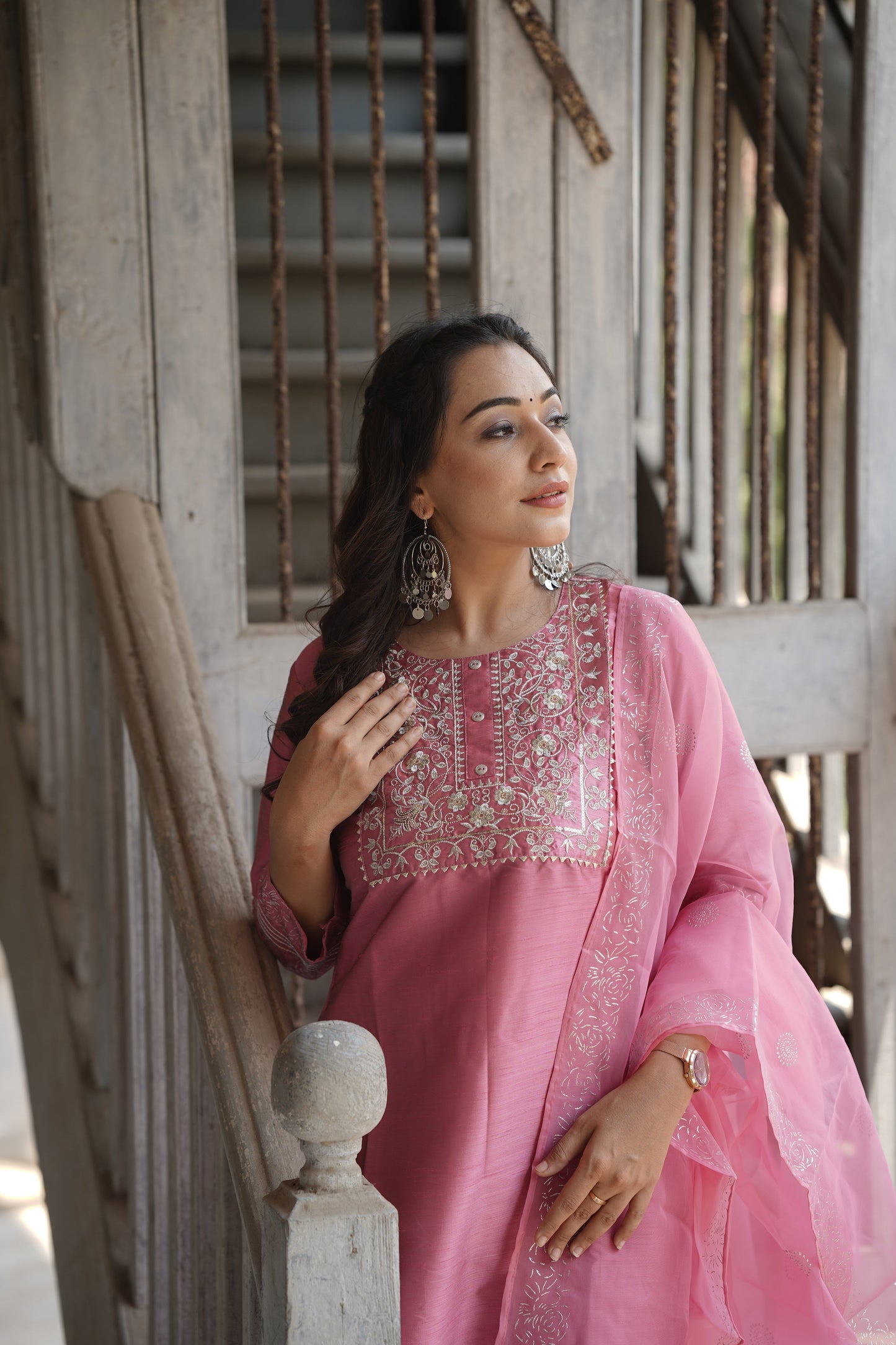 Pink Floral Yoke Design Panelled Suit Set PKSKD1432