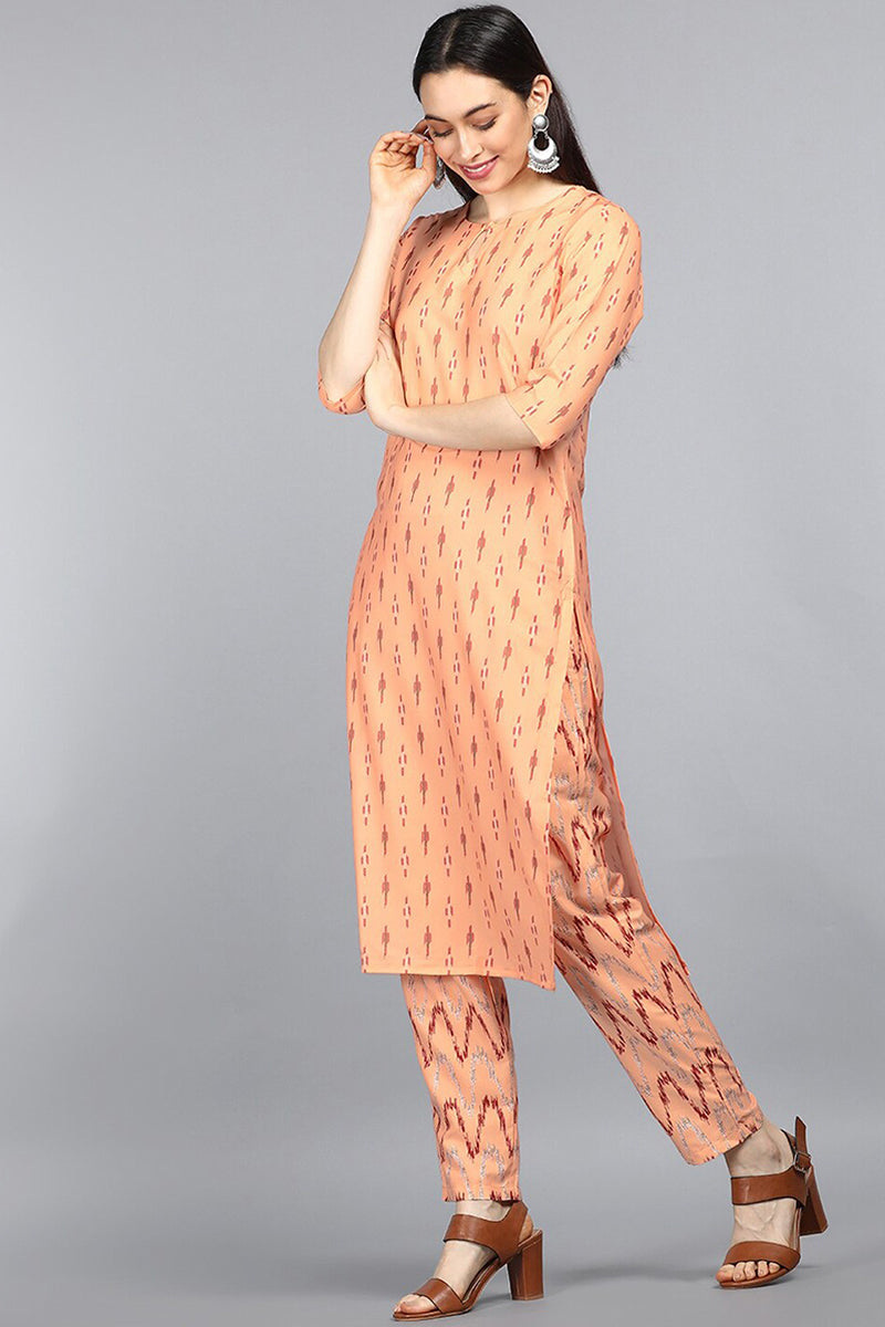  Women Crepe Orange Geometric Printed Straight Kurta Palazzo Set 