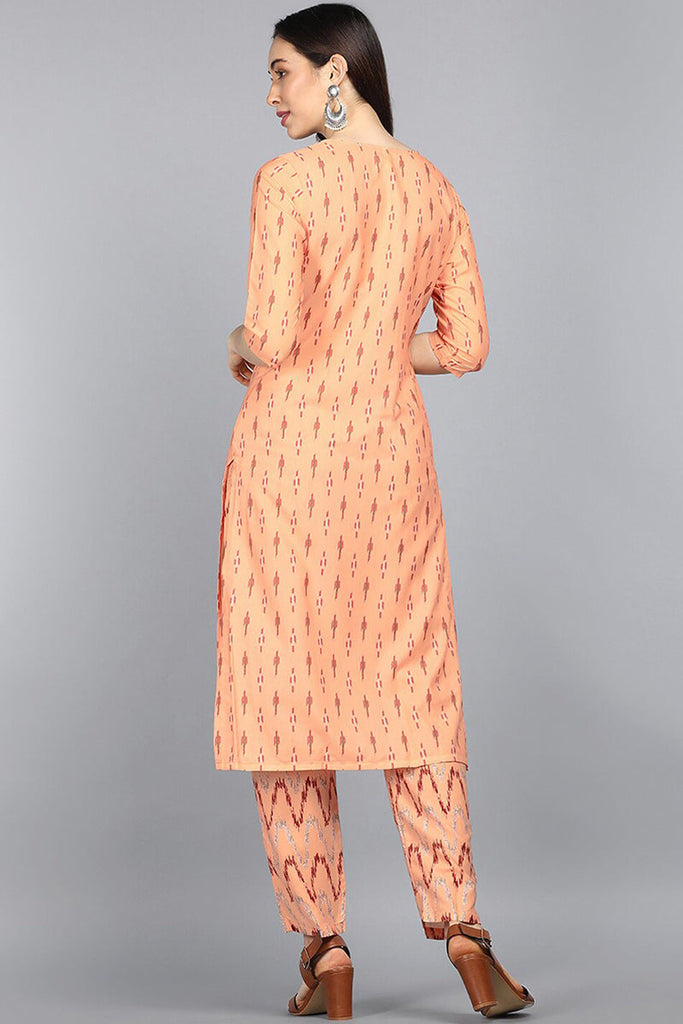  Women Crepe Orange Geometric Printed Straight Kurta Palazzo Set 