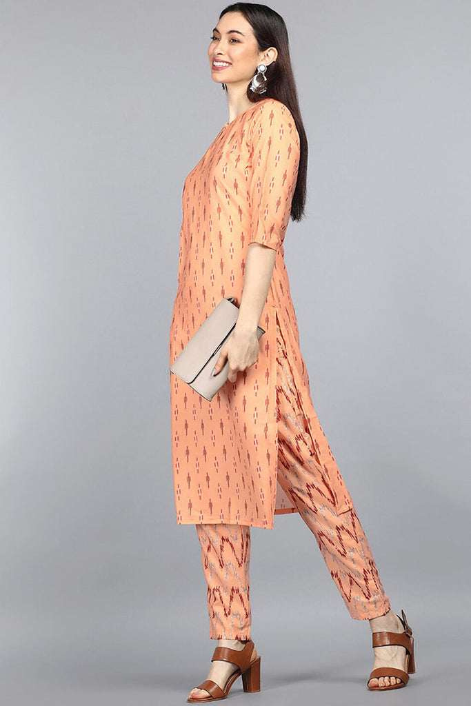  Women Crepe Orange Geometric Printed Straight Kurta Palazzo Set 