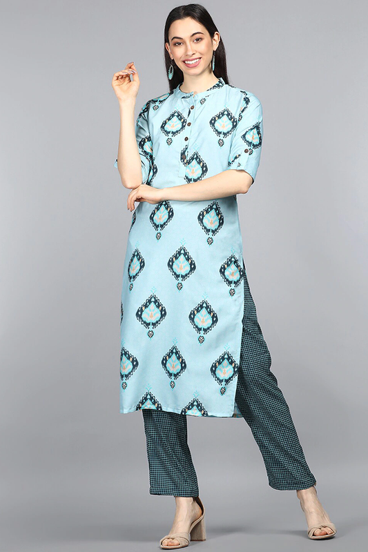   Poly Crepe Teal Solid Printed Straight Kurta Palazzo Set