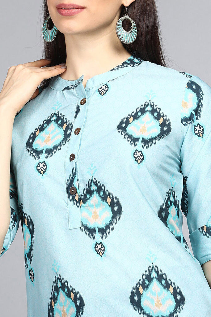   Poly Crepe Teal Solid Printed Straight Kurta Palazzo Set