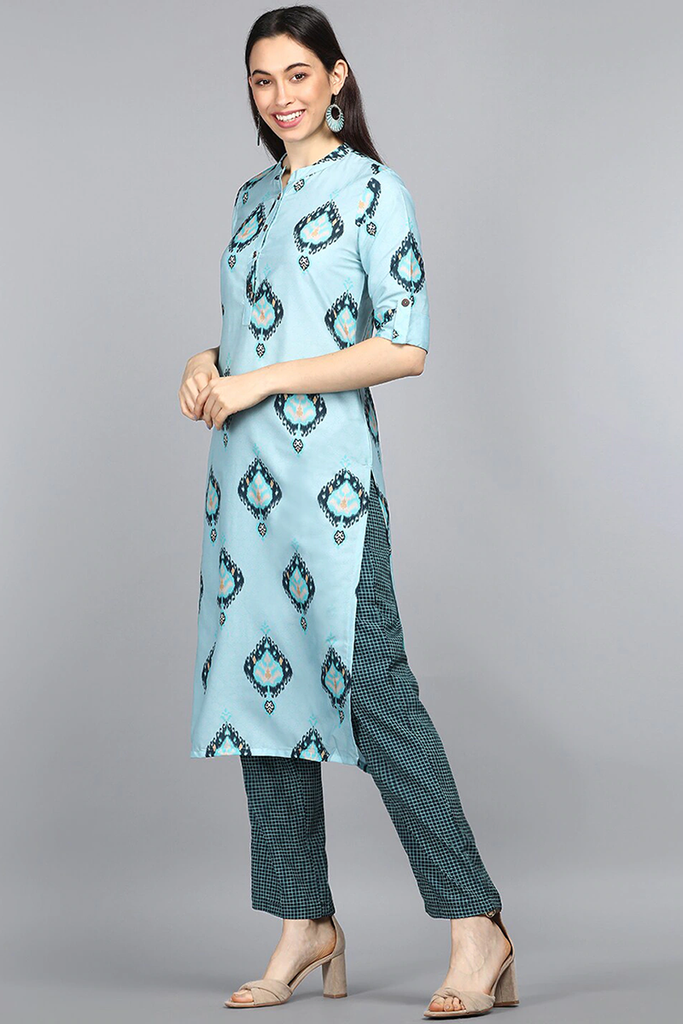   Poly Crepe Teal Solid Printed Straight Kurta Palazzo Set