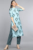   Poly Crepe Teal Solid Printed Straight Kurta Palazzo Set