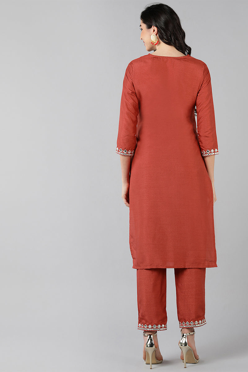  Women Coral Embroidered Kurta With Trousers 