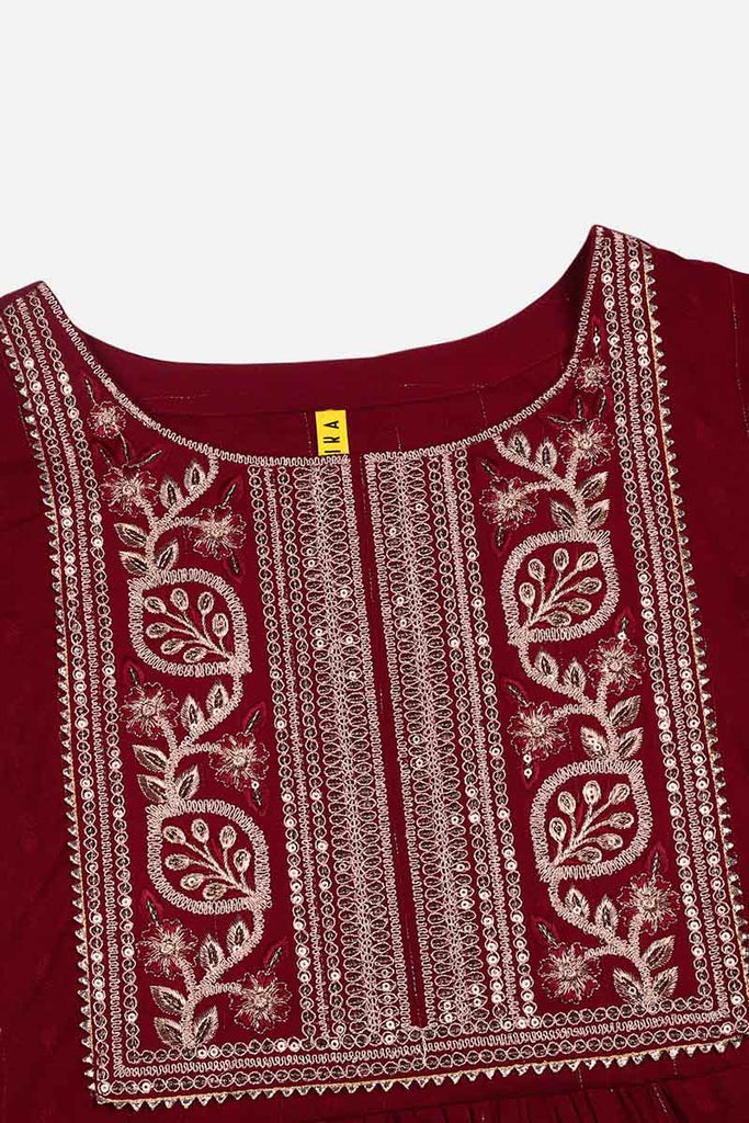  Women Maroon Silk Blend Yoke Design Kurta Set 