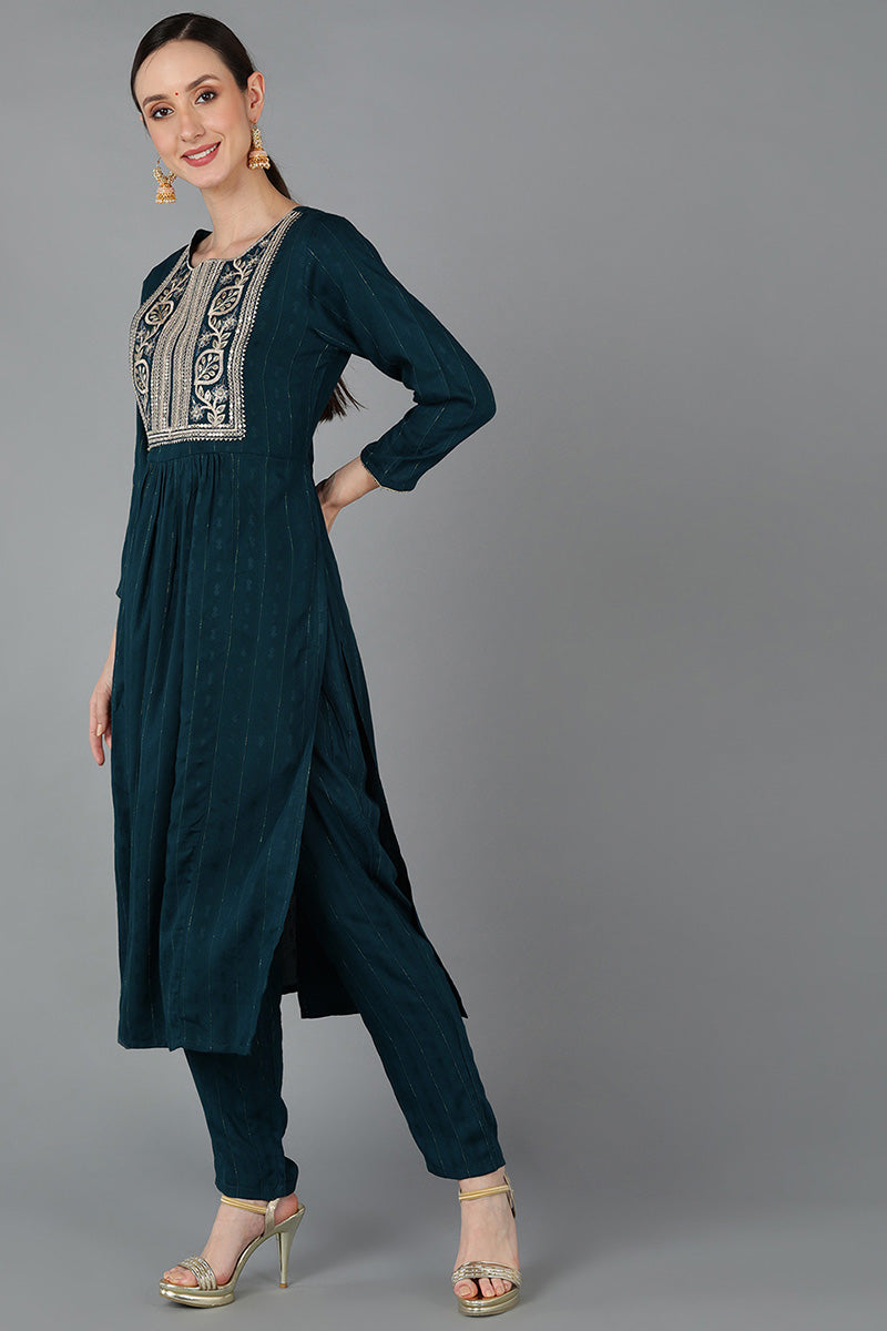  Women Teal Silk Blend Yoke Design Kurta Set 