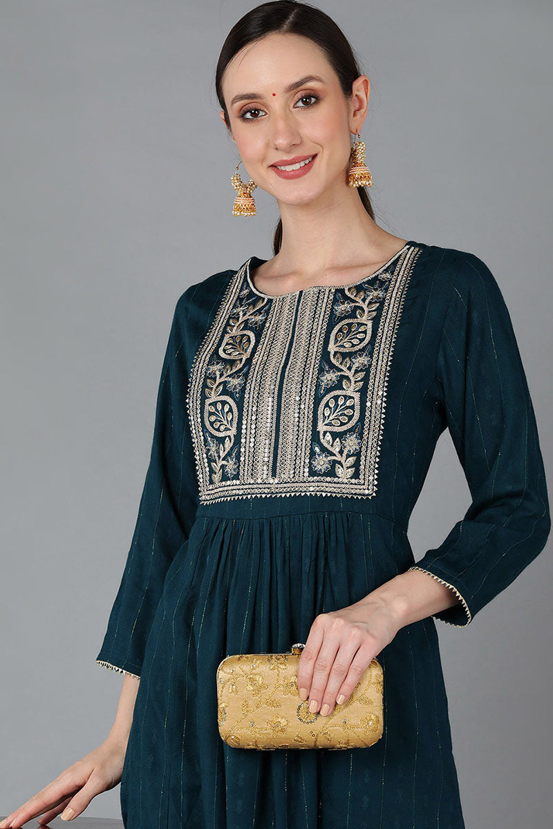  Women Teal Silk Blend Yoke Design Kurta Set 