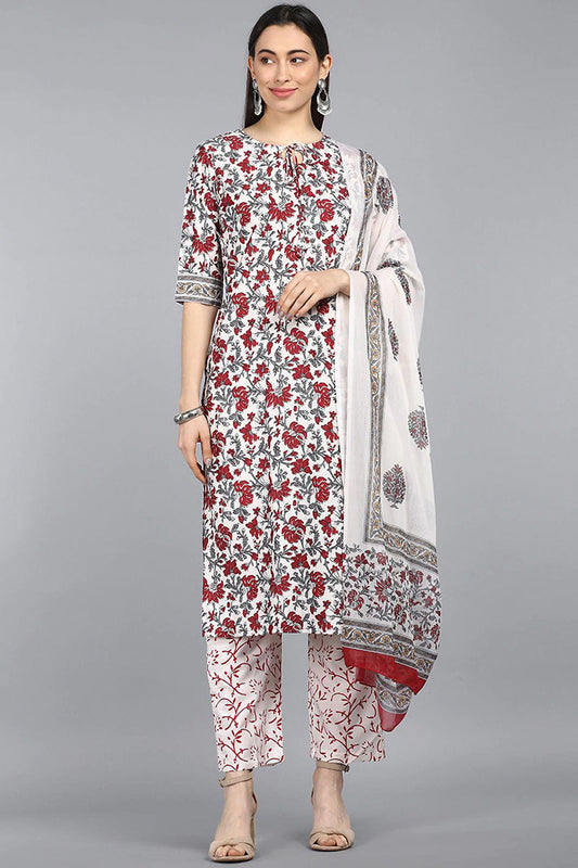  Women Off White Red Floral Printed Regular Kurta With Trousers Dupatta Set