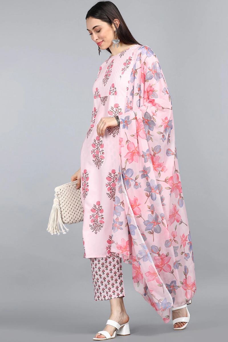  Women Pink Floral Printed Panelled Kurta with Palazzos Dupatta Set