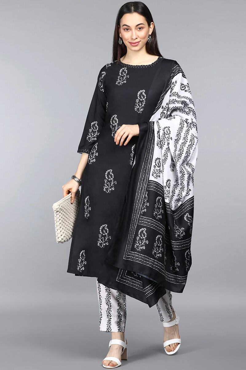  Women Crepe Black Ethnic Motifs Printed Straight Kurta Pant Dupatta Set