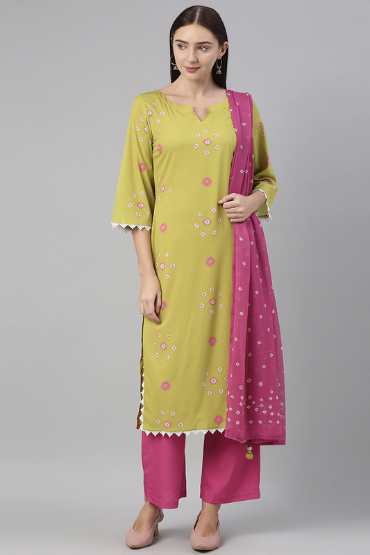  Women Crepe Green Ethnic Motifs Printed Straight Kurta Pant Dupatta Set