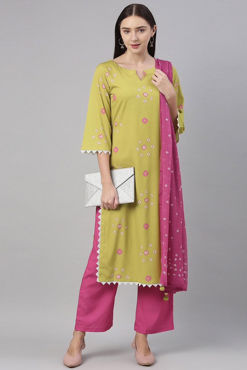  Women Crepe Green Ethnic Motifs Printed Straight Kurta Pant Dupatta Set