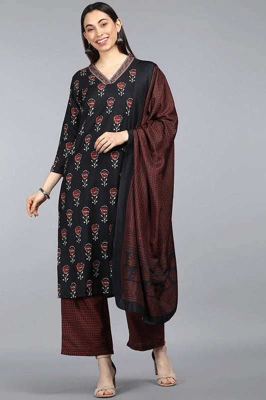  Women Crepe Black Ethnic Motifs Printed Straight Kurta Trousers And Dupatta Set