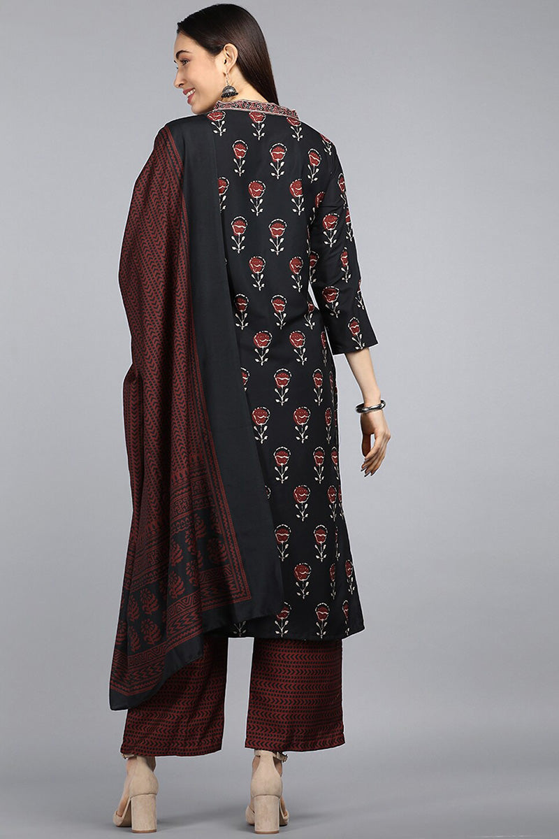  Women Crepe Black Ethnic Motifs Printed Straight Kurta Trousers And Dupatta Set