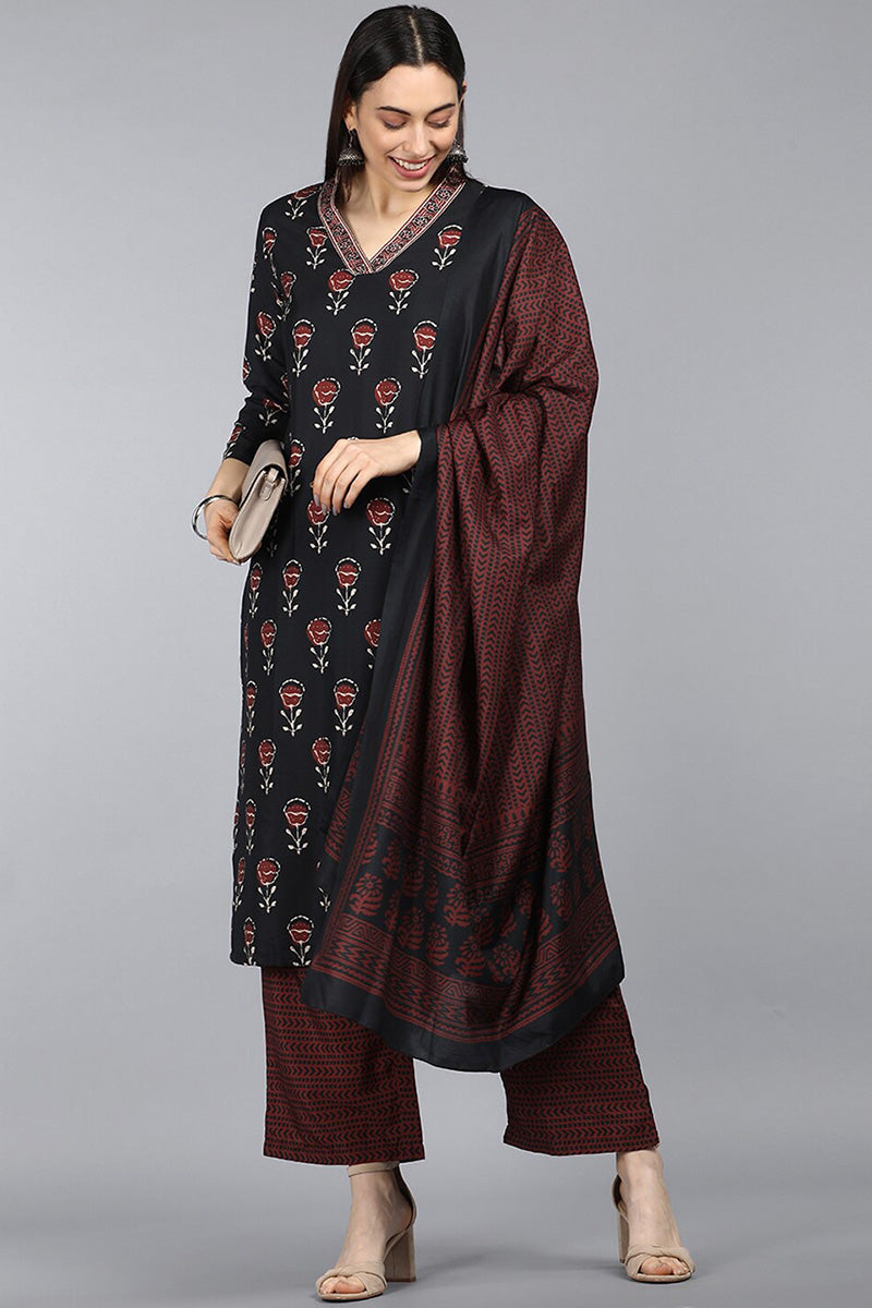  Women Crepe Black Ethnic Motifs Printed Straight Kurta Trousers And Dupatta Set