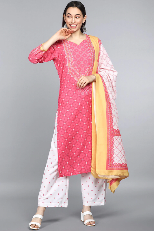  Women Crepe Pink Ethnic Motifs Printed Straight Kurta Trousers And Dupatta Set 