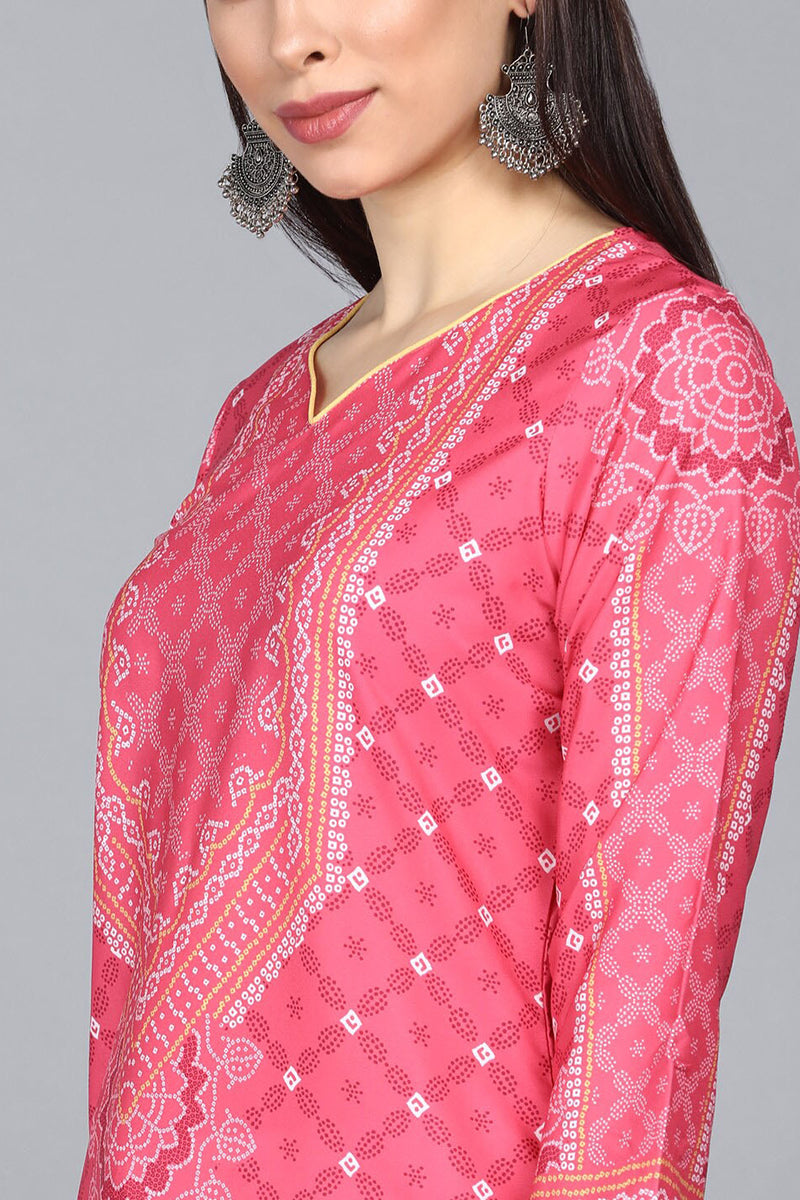  Women Crepe Pink Ethnic Motifs Printed Straight Kurta Trousers And Dupatta Set 