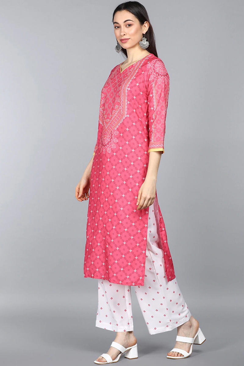  Women Crepe Pink Ethnic Motifs Printed Straight Kurta Trousers And Dupatta Set 