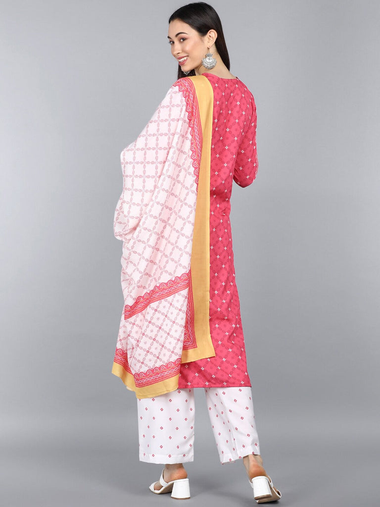  Women Crepe Pink Ethnic Motifs Printed Straight Kurta Trousers And Dupatta Set 