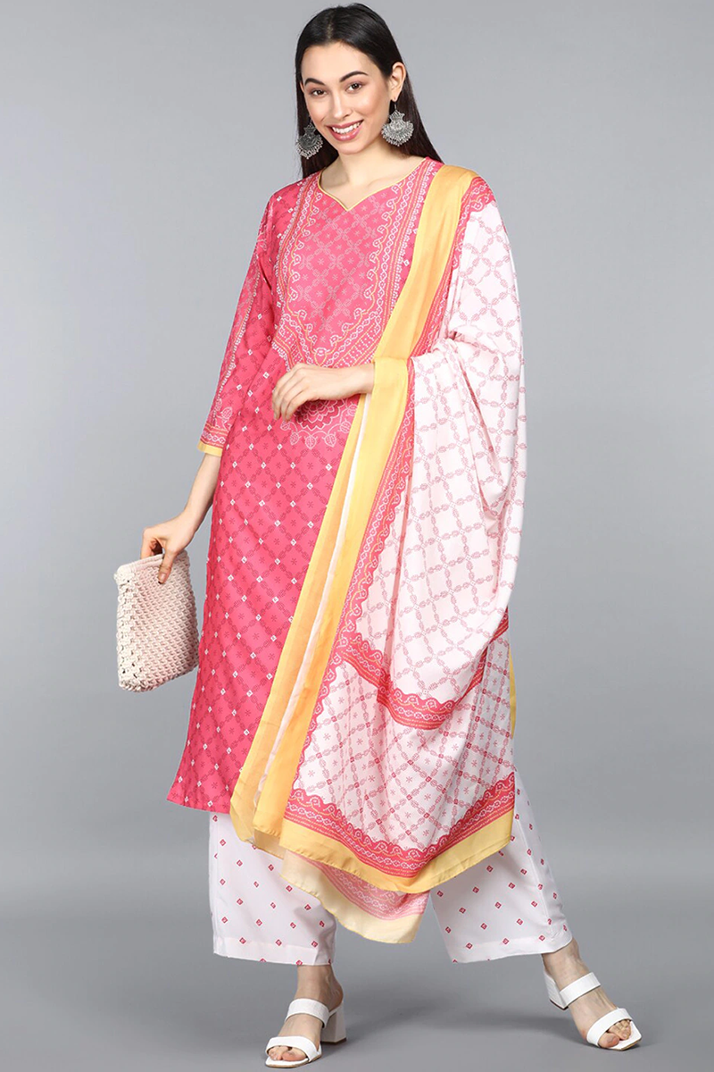  Women Crepe Pink Ethnic Motifs Printed Straight Kurta Trousers And Dupatta Set 