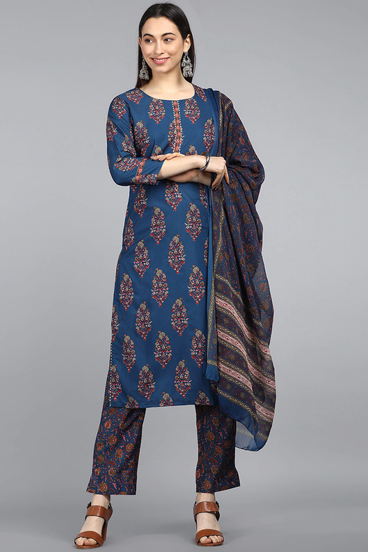  Women Crepe Blue Ethnic Motifs Printed Straight Kurta Trousers And Dupatta Set