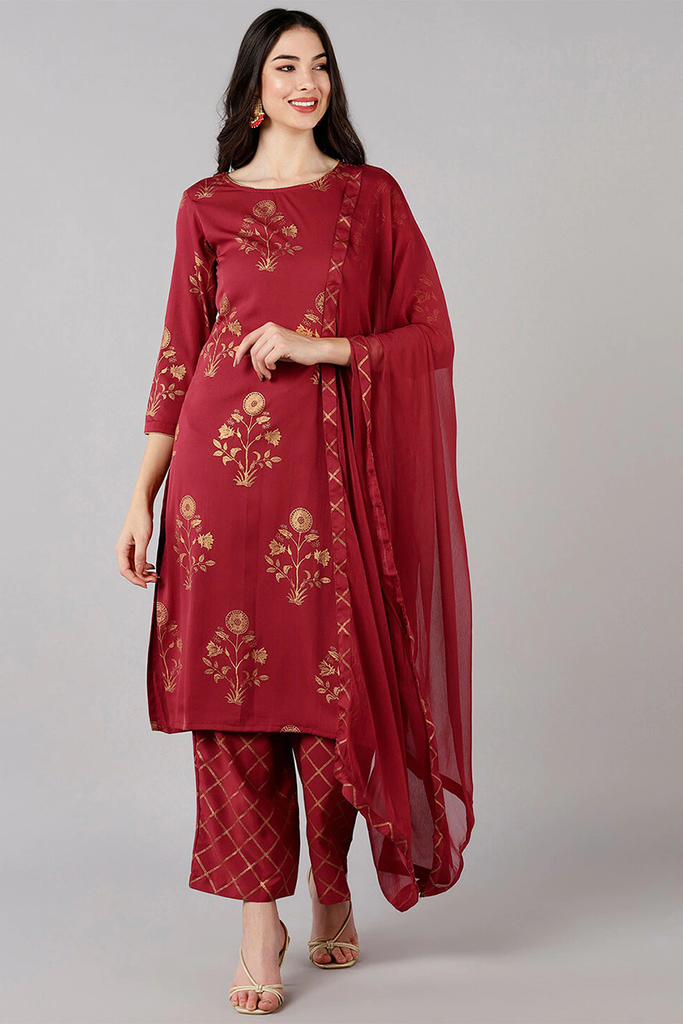  Women Crepe Maroon Ethnic Motifs Printed Straight Kurta Palazzo Dupatta Set