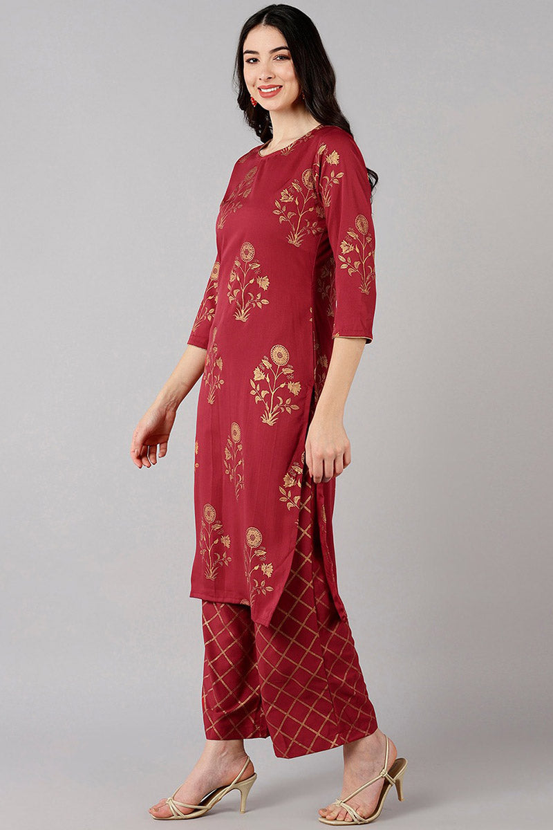  Women Crepe Maroon Ethnic Motifs Printed Straight Kurta Palazzo Dupatta Set