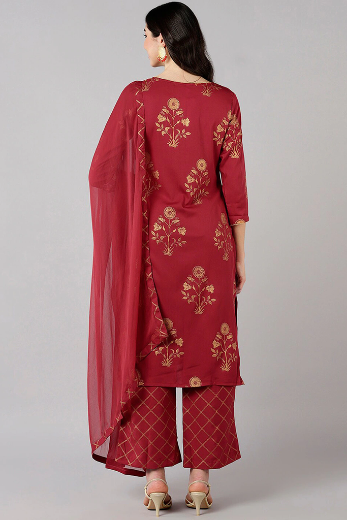  Women Crepe Maroon Ethnic Motifs Printed Straight Kurta Palazzo Dupatta Set