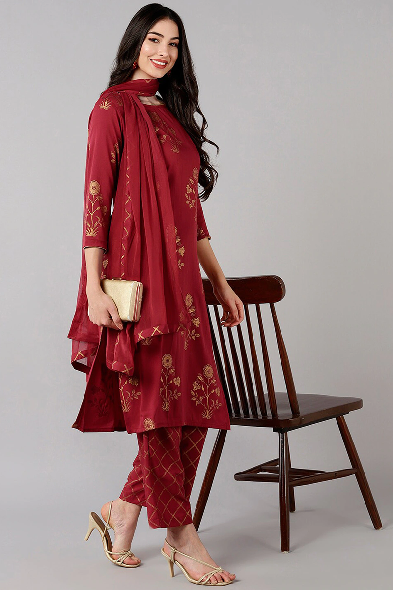  Women Crepe Maroon Ethnic Motifs Printed Straight Kurta Palazzo Dupatta Set