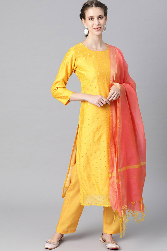  Women Yellow Golden Woven Design Kurta with Trousers Dupatta