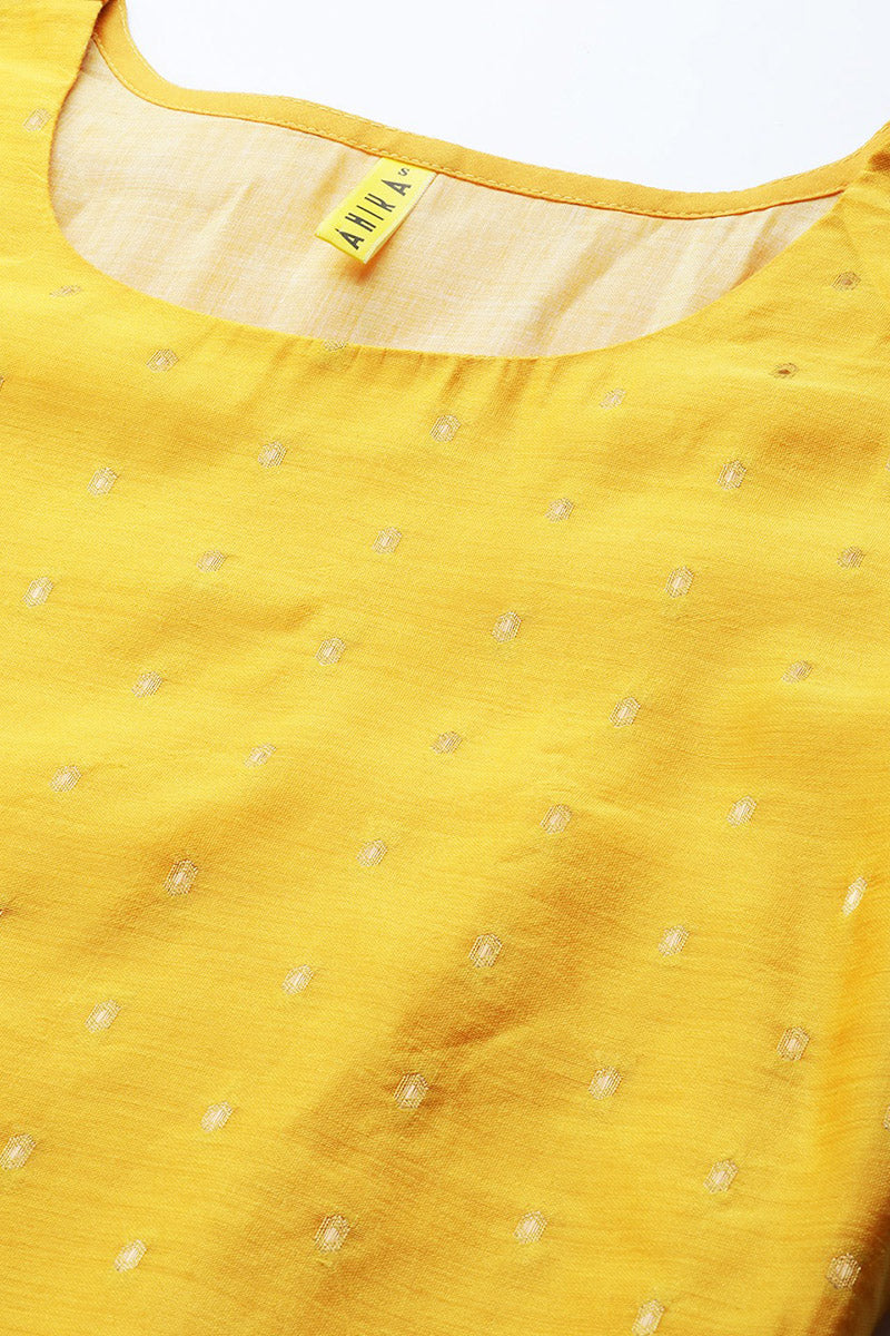  Women Yellow Golden Woven Design Kurta with Trousers Dupatta