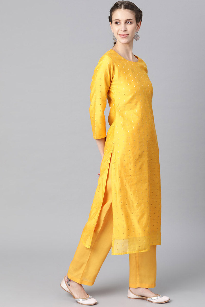  Women Yellow Golden Woven Design Kurta with Trousers Dupatta