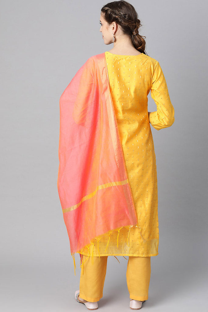  Women Yellow Golden Woven Design Kurta with Trousers Dupatta