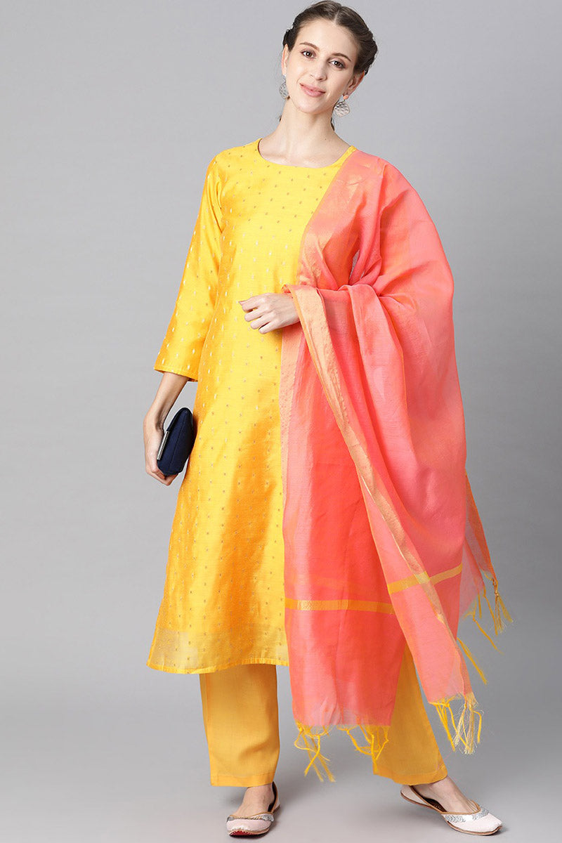  Women Yellow Golden Woven Design Kurta with Trousers Dupatta