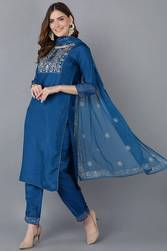  Women Blue Floral Yoke Design Regular Thread Work Kurta with Palazzos With Dupatta