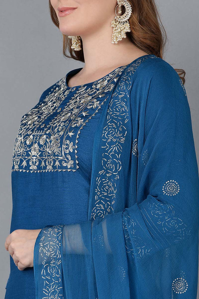  Women Blue Floral Yoke Design Regular Thread Work Kurta with Palazzos With Dupatta