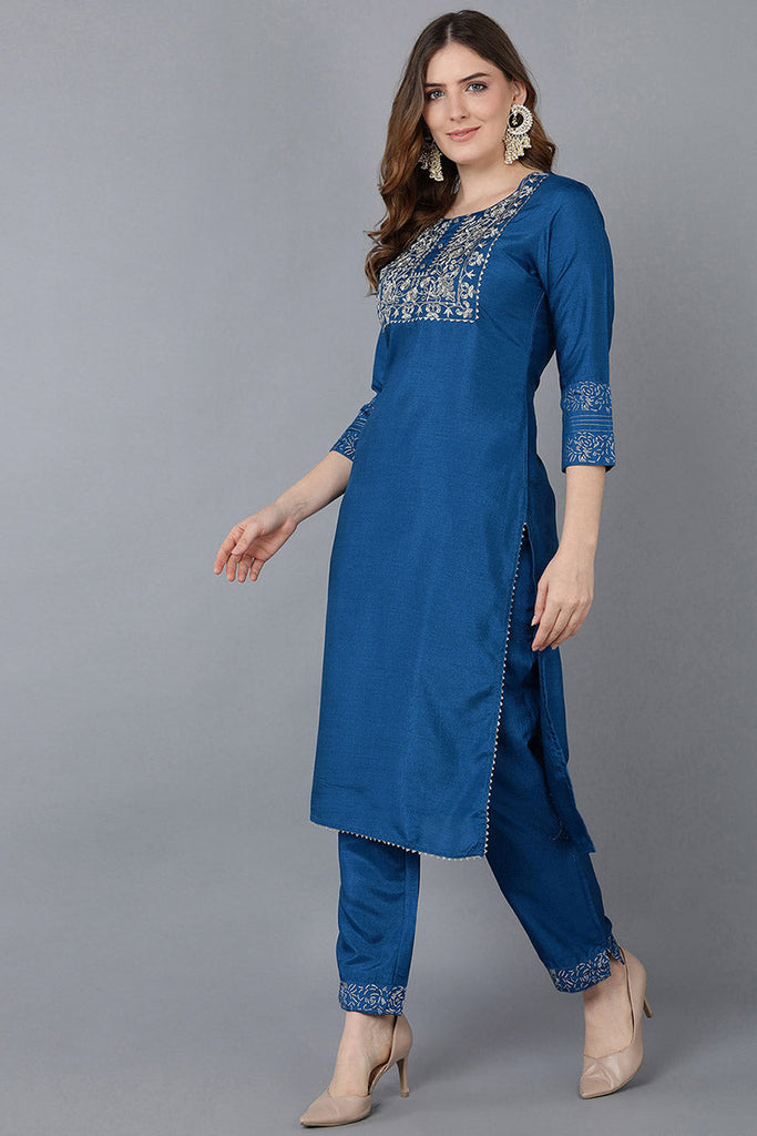  Women Blue Floral Yoke Design Regular Thread Work Kurta with Palazzos With Dupatta