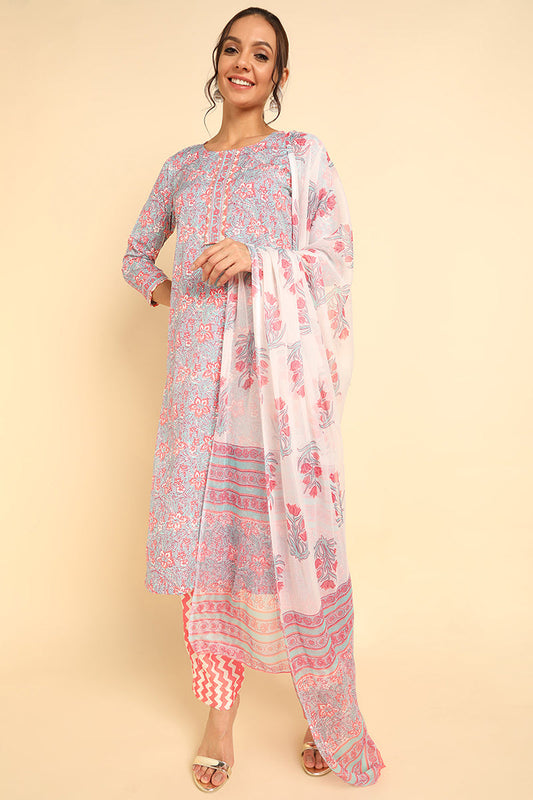  Women Grey Printed Kurta Trousers With Dupatta