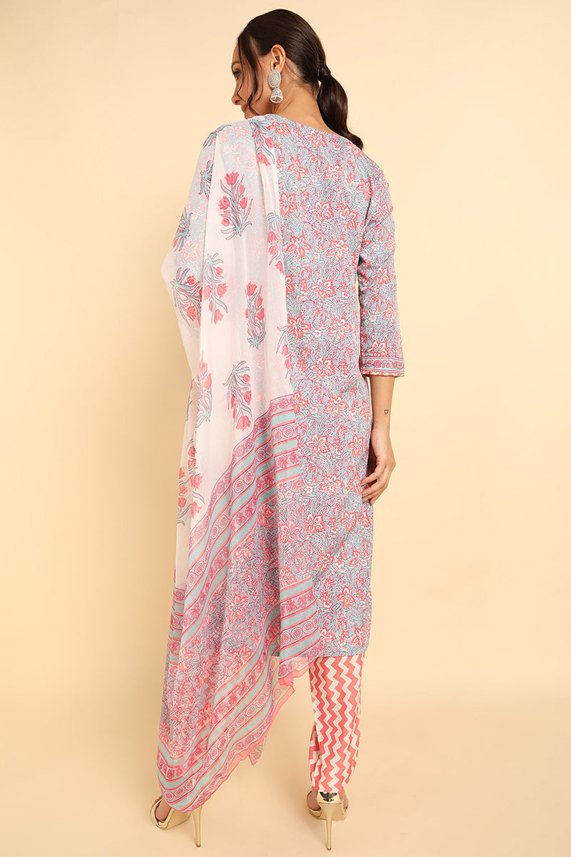  Women Grey Printed Kurta Trousers With Dupatta