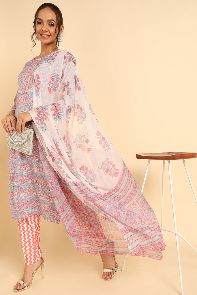  Women Grey Printed Kurta Trousers With Dupatta